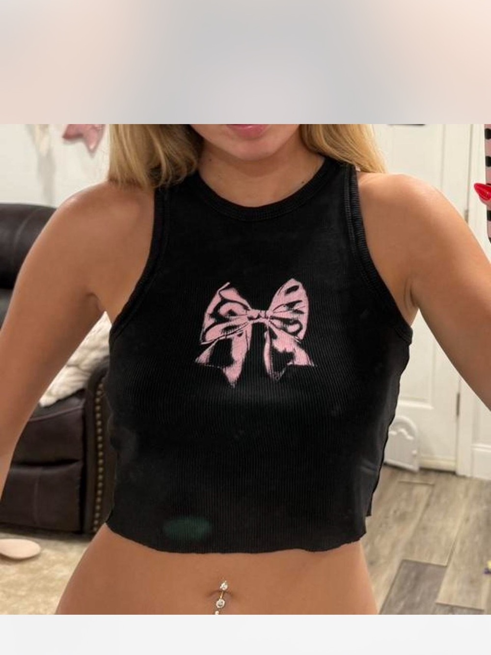 Garage Black Ribbed Crop Tank with Pink Bow